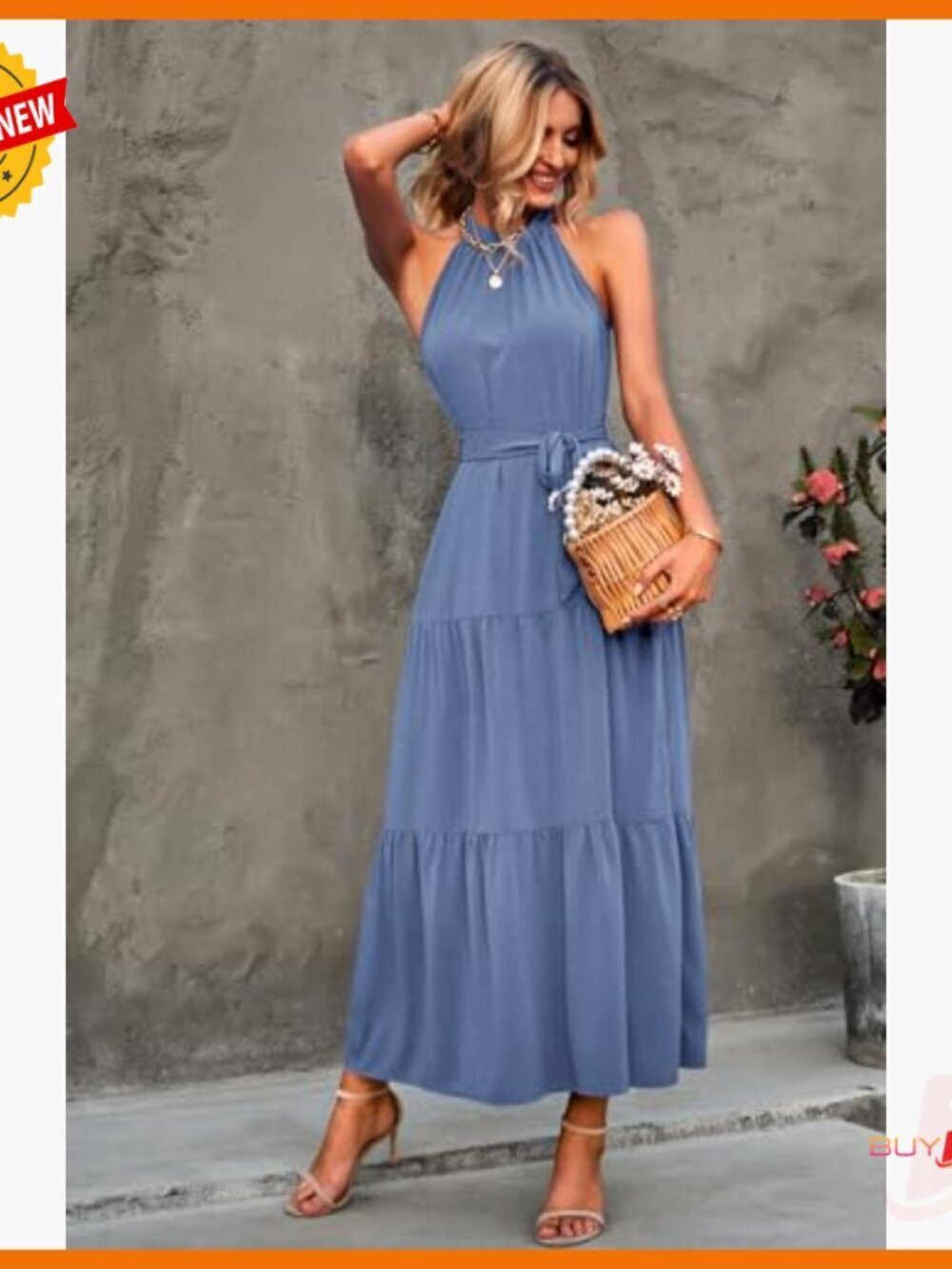 Summer Maxi Dress Sleeveless Halter Flowy Ruffle Hem with Belt Boho - Picture 6 of 7